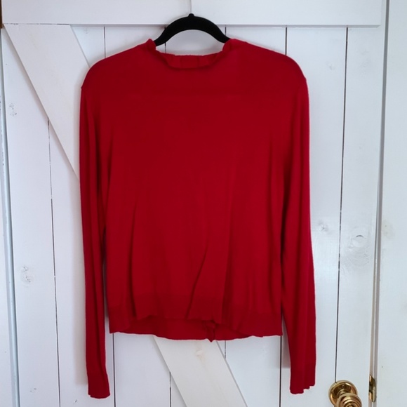 Button Down V-Neck Cardigan Sweater Red Ruffle Church Librarian Academia Style - Picture 8 of 8